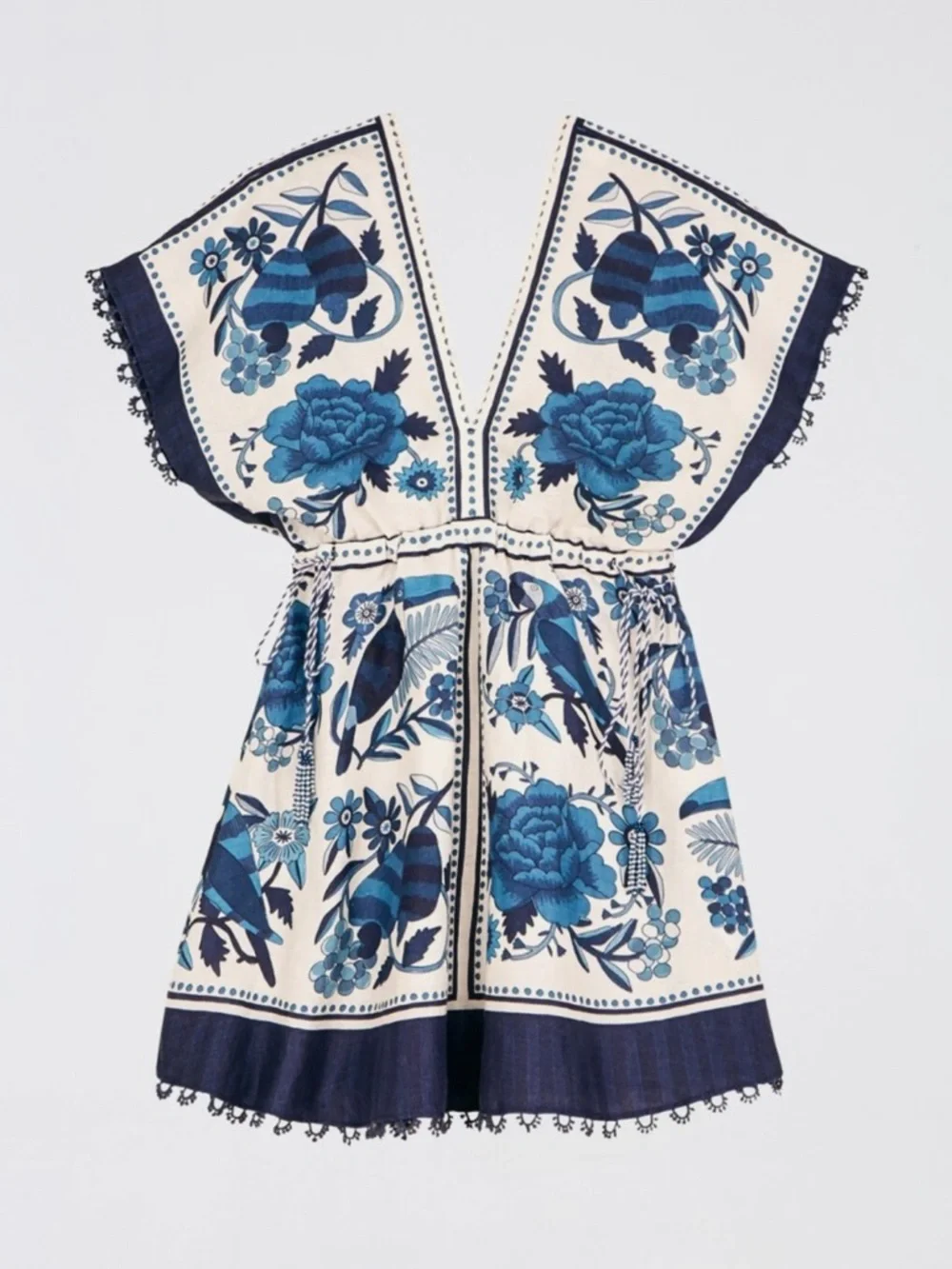 FARM Rio Women's V Neck Blue Tropical Tiles Mini Dress - Picture 2 of 5